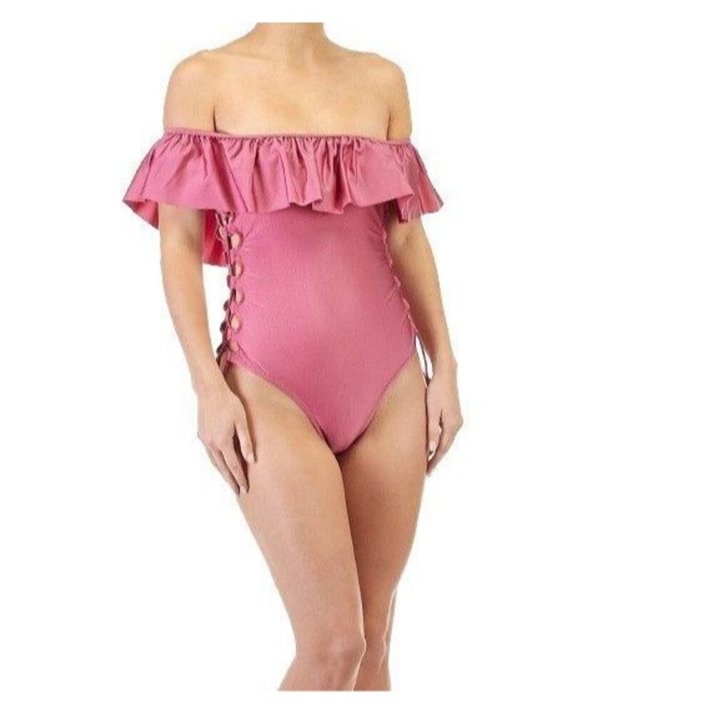 NWT TINI BIKINI WOMENS LACE UP SIDES RUFFLE OFF  SHOULDER ONE PIECE SWIMSUIT S